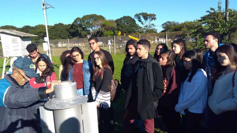 estudantes em campo aberto recebendo orientações na Estação Climatológica da UEM
