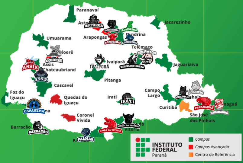 Mapa do Paraná em branco com demarcação em verde das cidades que possuem campus do IFPR e os 21 escudos das equipes que participaram do evento.