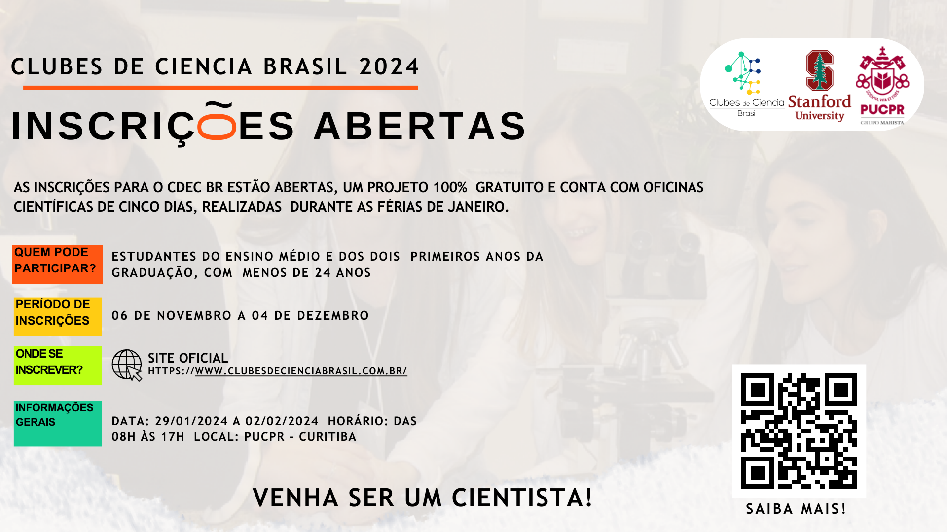 Banner com informações sobre o Clube de Ciência Brasil 2024. Contém estudantes em um laboratório e datas sobre o processo de inscrição.