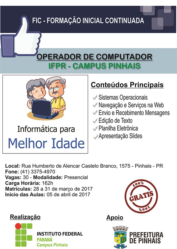 Cartaz de divulgação do curso FIC de Operador de Computador para a Terceira Idade