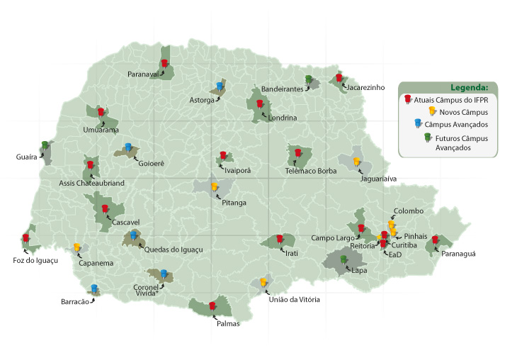 Mapa do Paraná com as unidades do IFPR