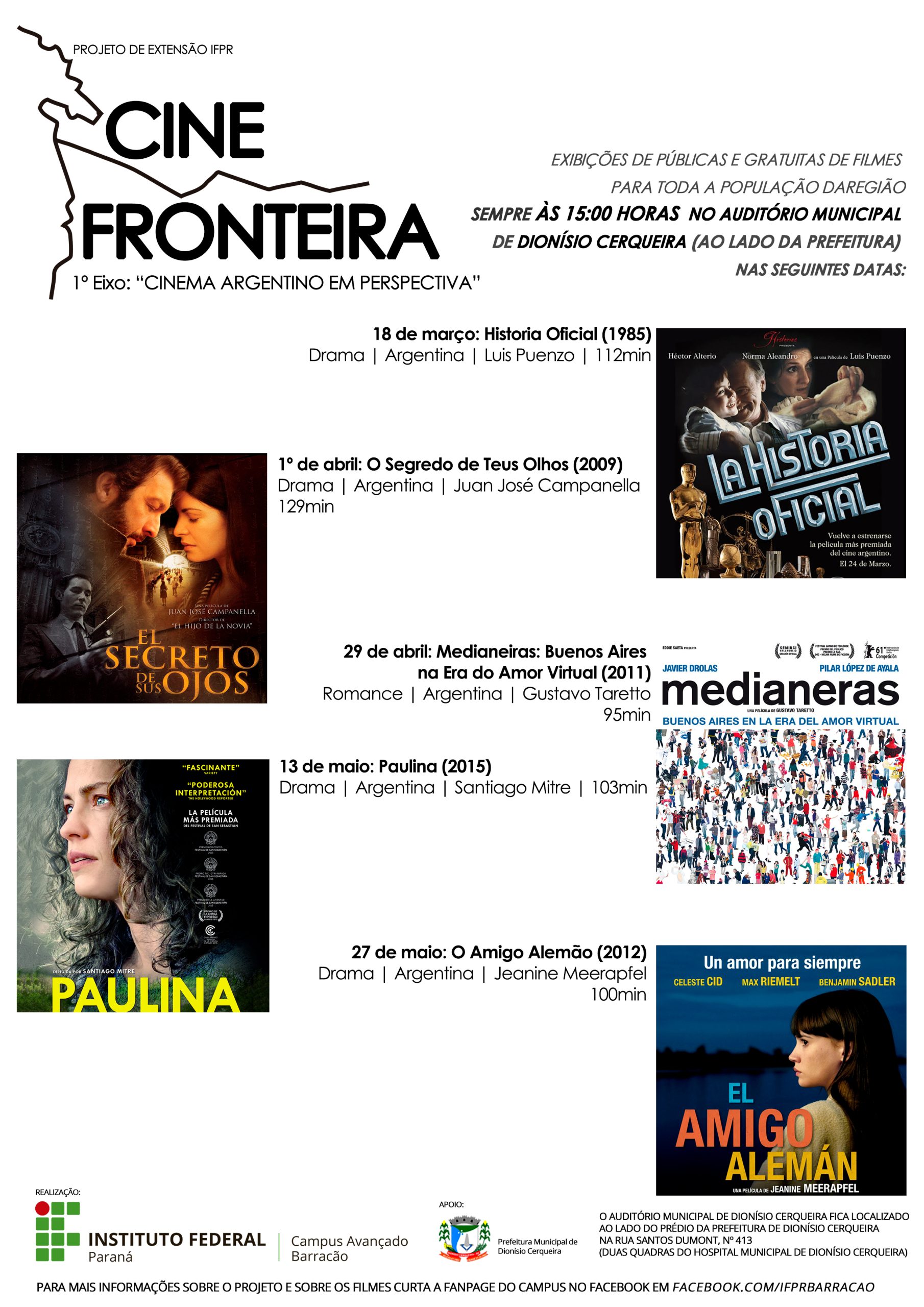 Projeto "Cine Fronteira" do IFPR-Barracão tem início no sábado