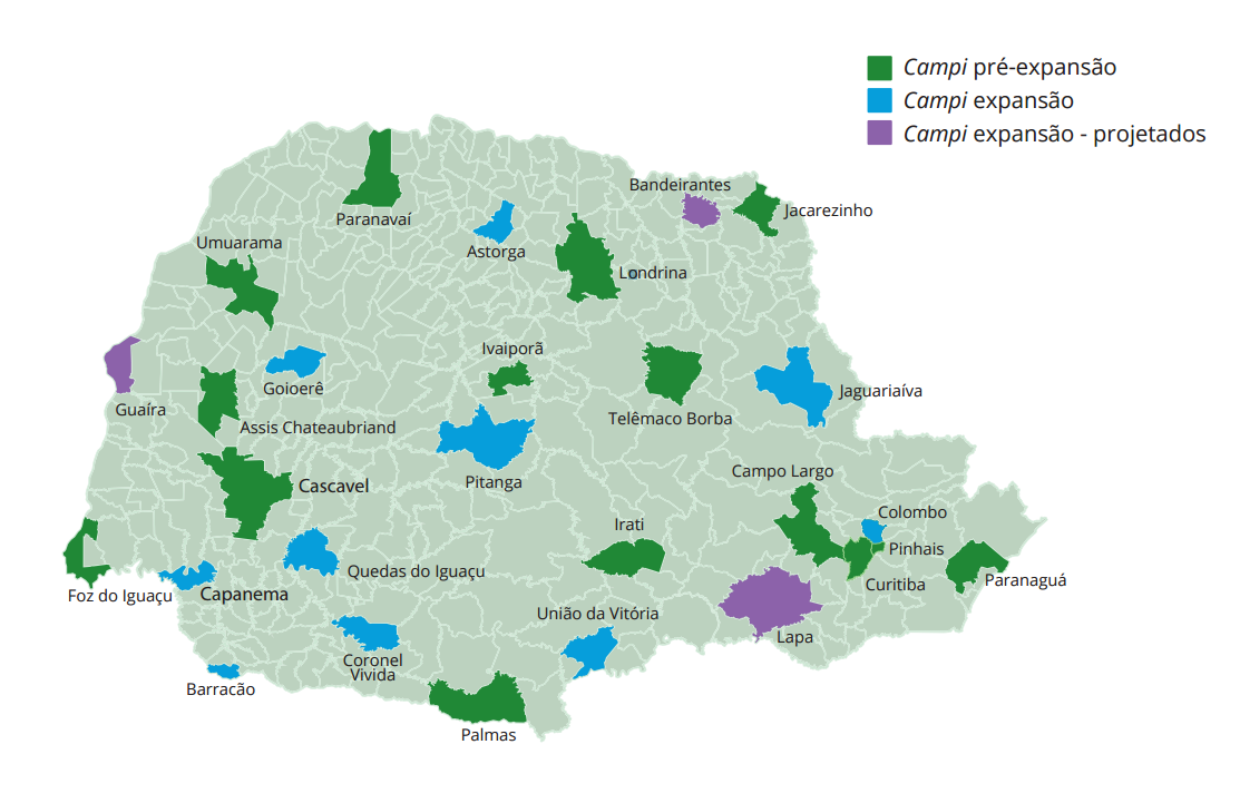 Mapa do Paraná traz a localização dos 25 campi do IFPR
