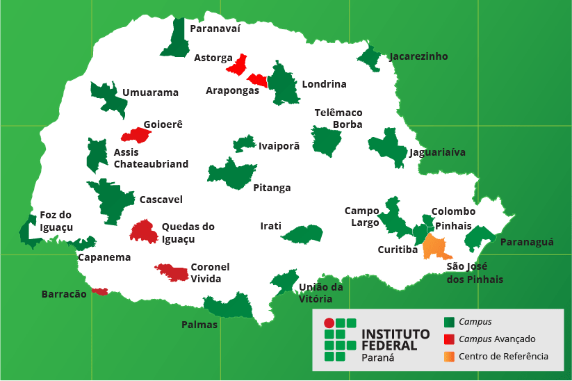 Imagem ilustrativa de um mapa com as unidades do IFPR em destaque nas cores verde, vermelha e amarela.