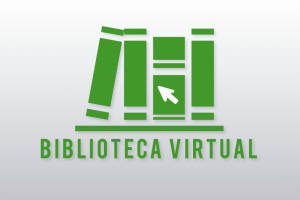 Imagem de fundo branco com quatro livros na frente e um cursor de mouse como texto Biblioteca Virtual