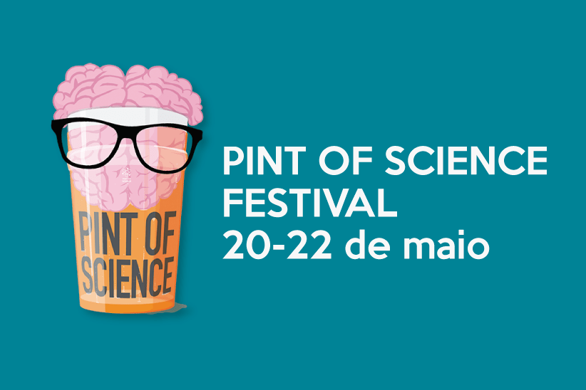 Fundo azul com a logo do evento escrito Pint of Science Festival 20 a 22 de maio