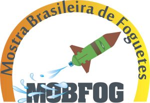 Marca da Mostra Brasileira de Foguetes. Exibe a sigla MOBFOG envolta em gotas d'agua que saem de um foguete de garrafa pvc que está acima da sigla.