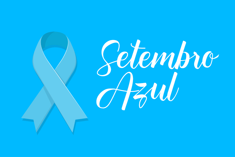 Imagem ilustrativa com fundo azul. Em primeiro plano, estão o laço azul, marca da campanha setembro azul, e a frase "Setembro Azul".