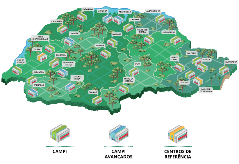 Mapa do Paraná com a localização dos campi
