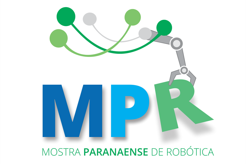 Imagem da marca da MPR, formada pela sigla, construída com uma araucária estilizada, que tem como um dos galhos um gancho que remete ao braço ou garra de um robô