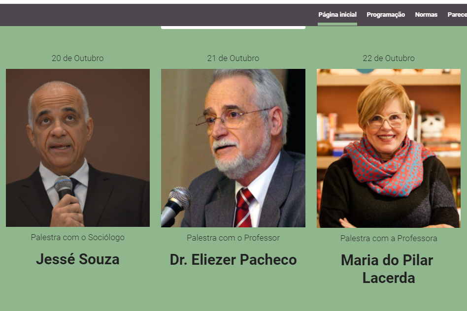 A imagem traz um "print" da capa do site do evento, com a foto dos 3 palestrantes: Jessé Souza, Eliezer Pacheco e Maria do Pilar Lacerda