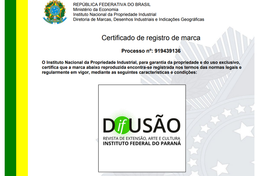 "Imagem contendo informações a respeito do certificado de registro de marca da Revista Difusão"