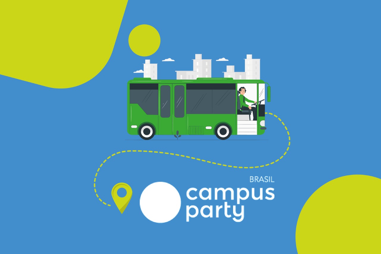 Imagem com fundo colorido. Em primeiro plano, está o desenho de um ônibus junto do texto "campus party Brasil"