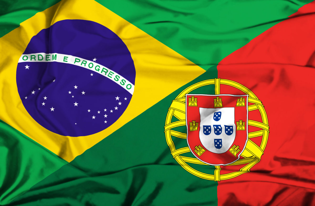 Imagem da bandeira do Brasil ao lado da de Portugal.