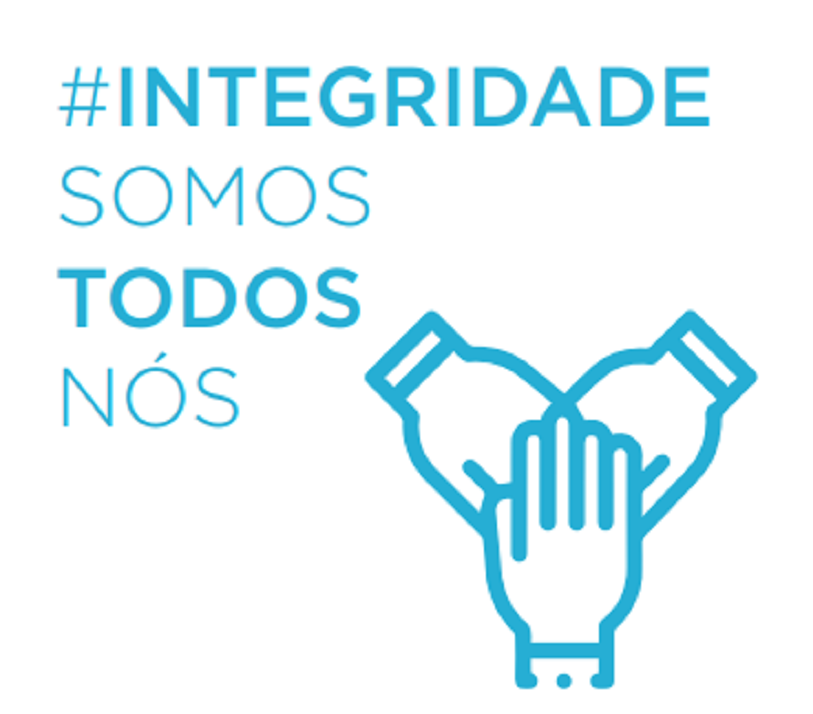 Imagem de fundo branco com texto #Integridade Somos Todos Nós e três mãos sobrepostas