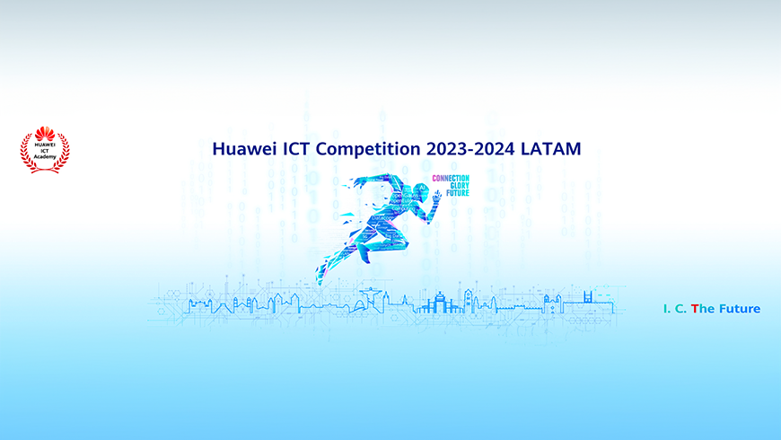Imagem com fundo em degrade do branco para o azul, contém uma ilustração de um homem correndo e o nome do evento Huawei ICT Competition 2023 - 2024,